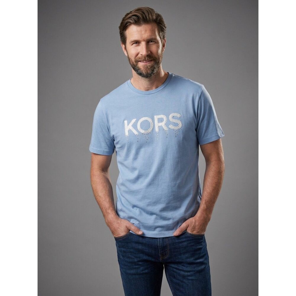 "KORS" Michael Kors Blue Embellished Mens Logo T-Shirt - Size Large